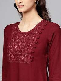 Libas Women Maroon Yoke Design Straight Kurta