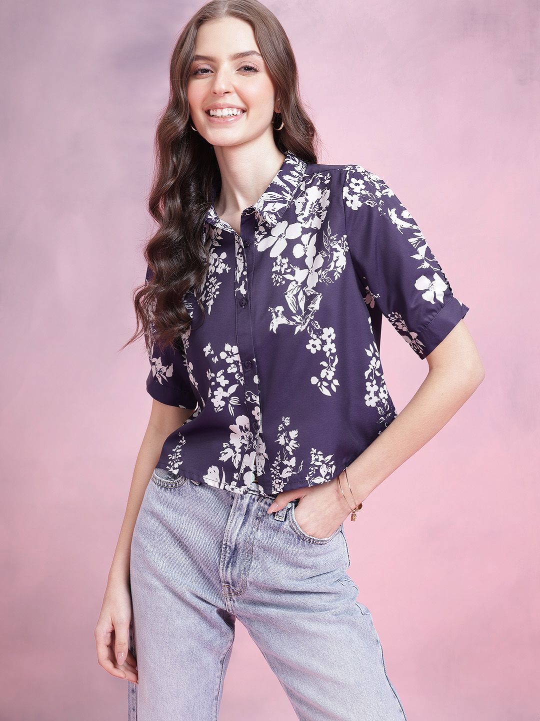 DressBerry Floral Print Puff Sleeves Shirt Style Top
