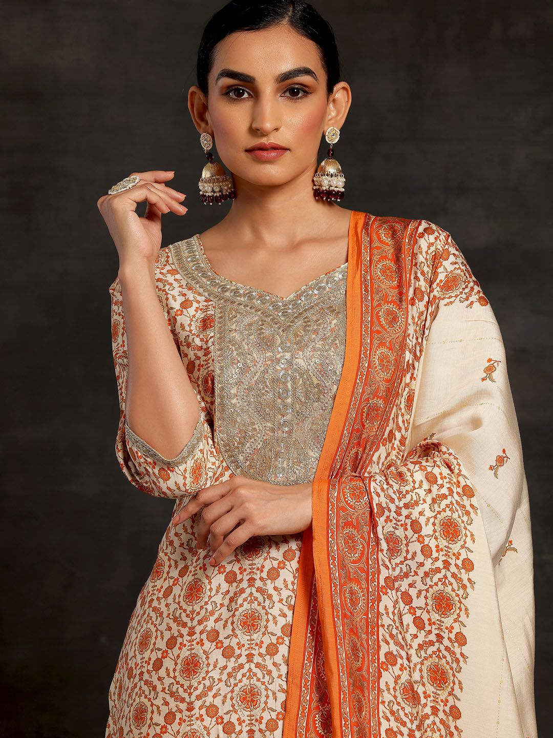 Libas Women Floral Printed Regular Sequinned Kurta with Palazzos & With Dupatta