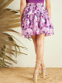 Berrylush White Purple Floral Printed High Rise Flared Mini Skirt