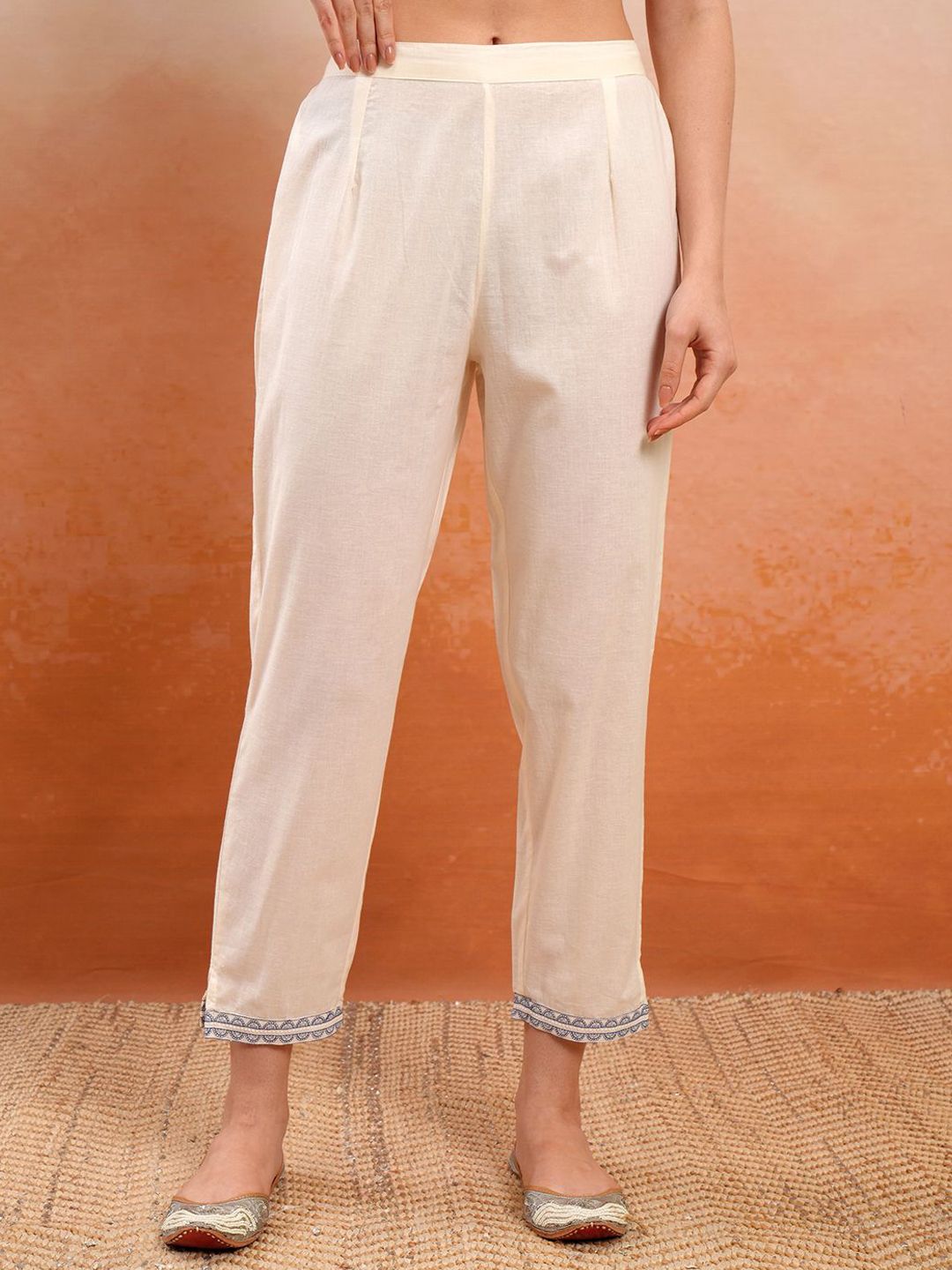 Vishudh Cream Coloured Embroidered Pure Cotton Straight Kurta With Trousers & Dupatta