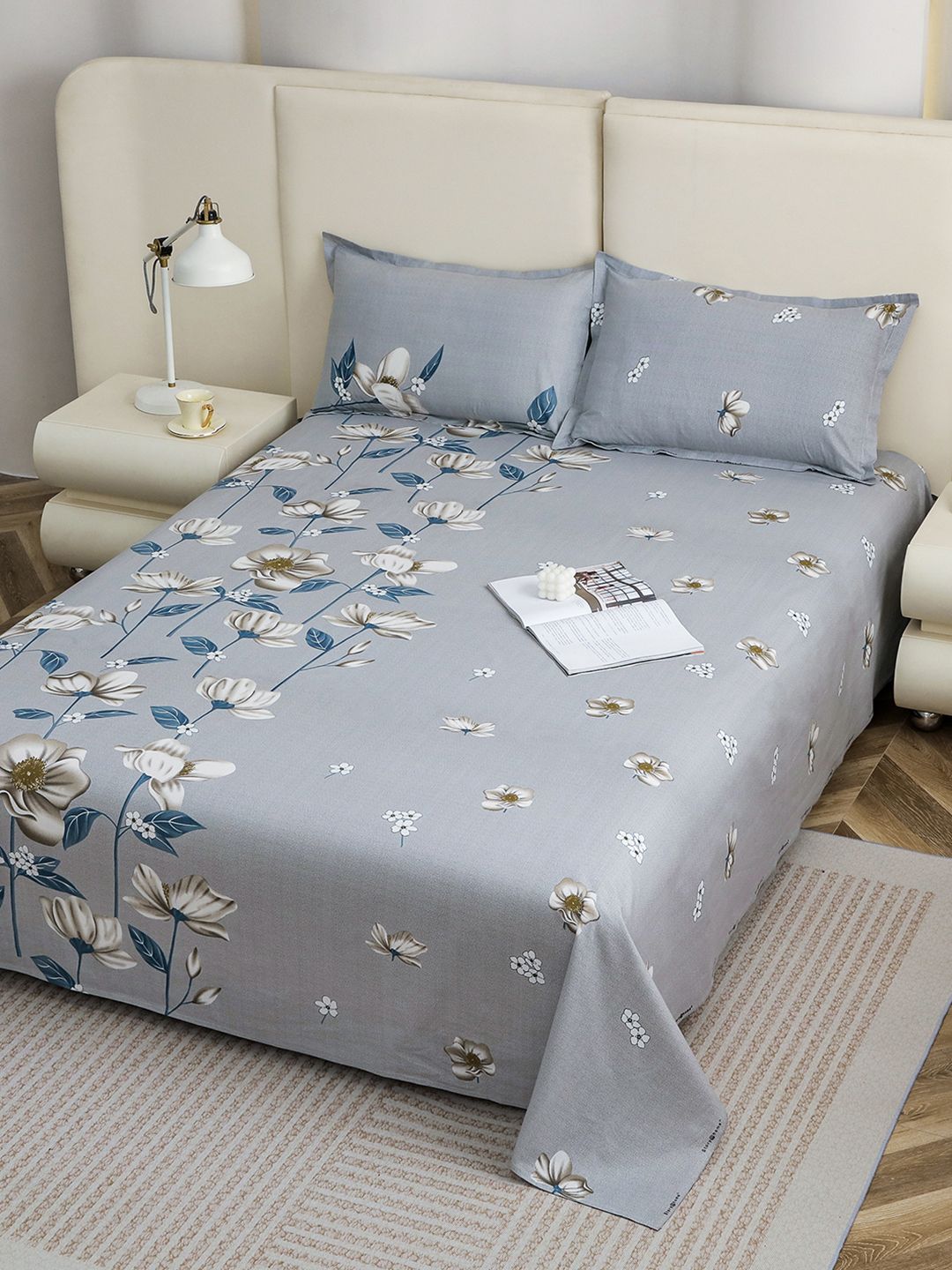 Story@home Grey Blue Floral Flat 210 TC 1 King Bedsheet with 2 Pillow Covers