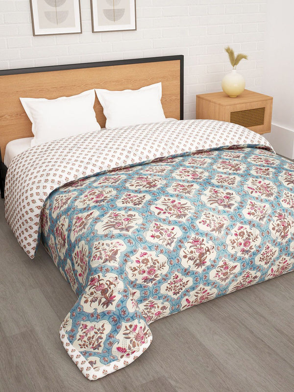 Story@home Cream-Coloured Blue Floral Ac Room 180GSM Reversible Double Bed Comforter