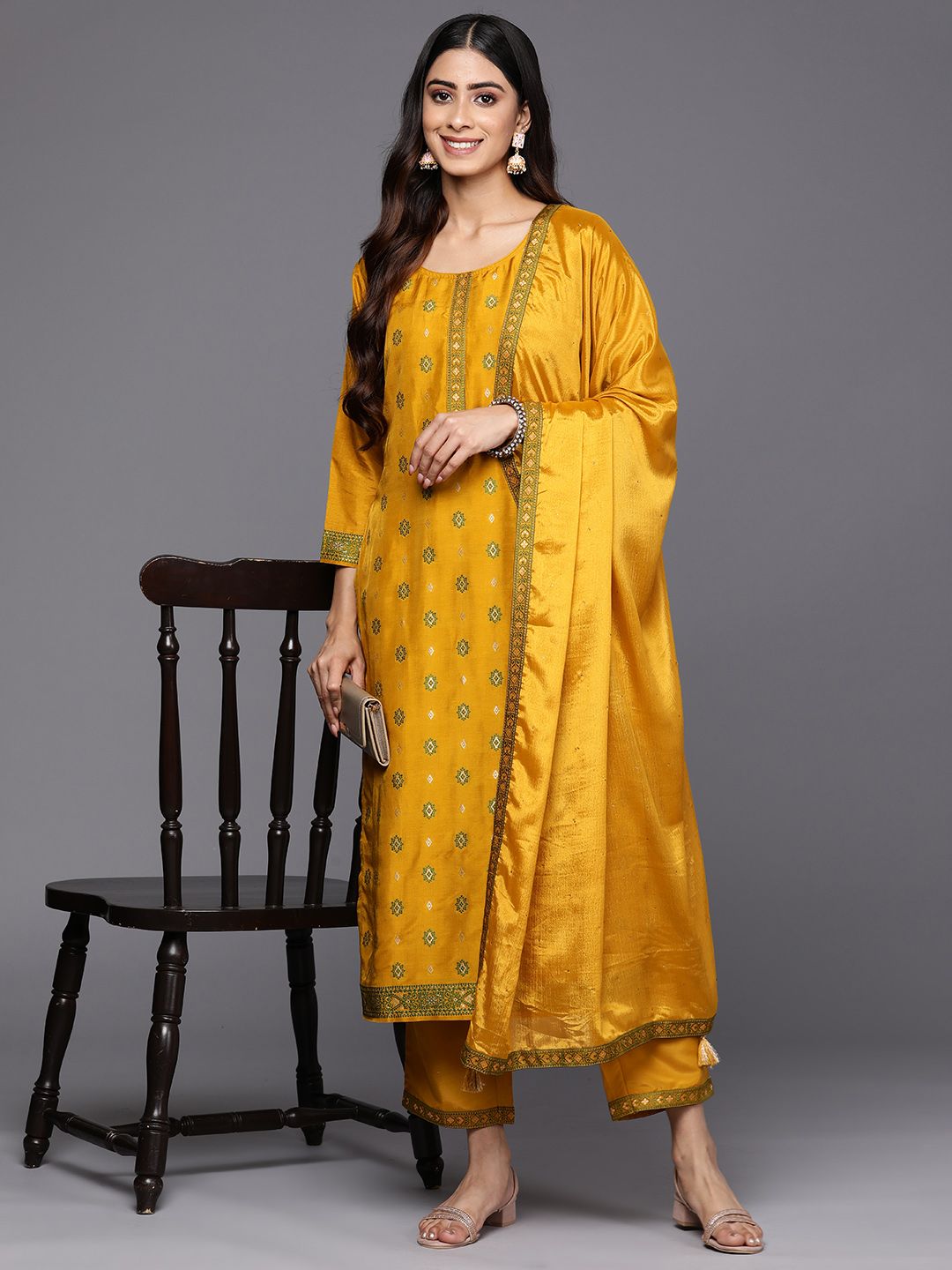 Libas Women Mustard Yellow Floral Kurta with Trousers & With Dupatta