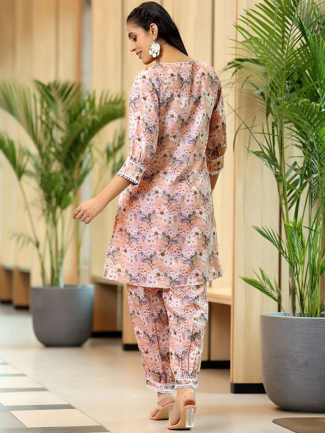 Libas Floral Printed Thread Work Puffed Sleeves Pure Cotton Kurta With Salwar
