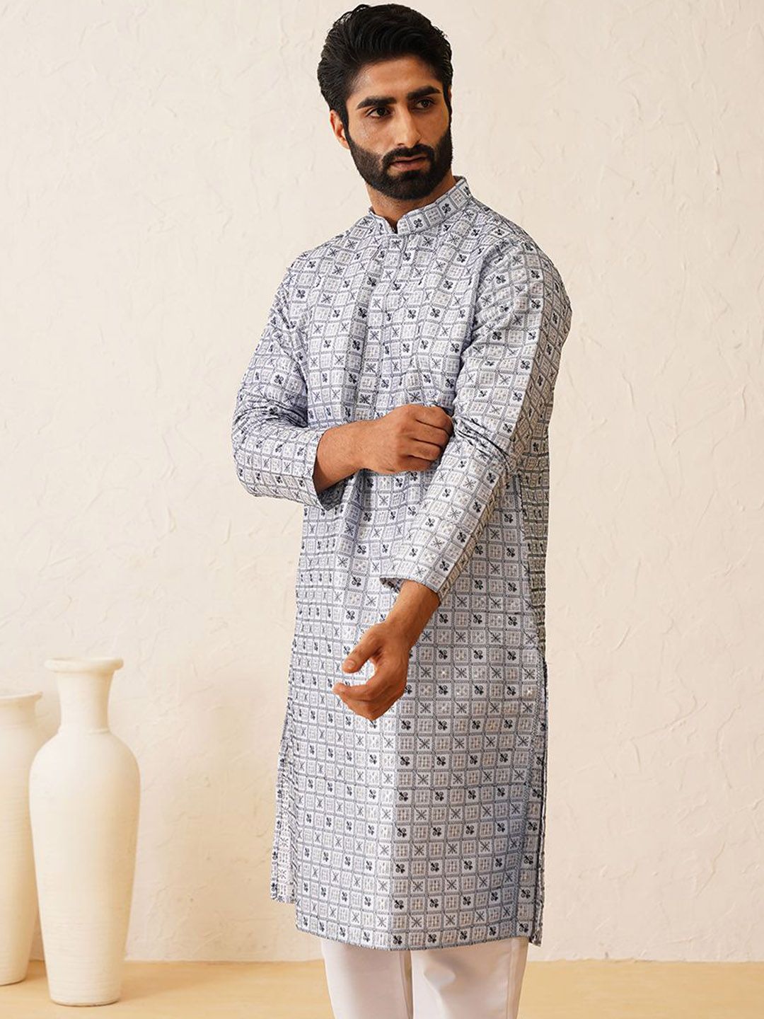 SOJANYA LUXE Motif Etnik Bersulam Kurta Sutera Kapas Labuci Dengan Piyama