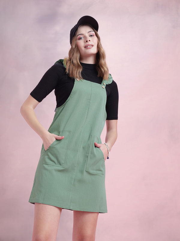 DressBerry Crinkled Effect Flutter Sleeves Pinafore Mini Dress with Pockets