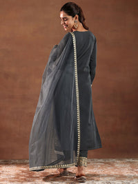 Libas Black and Grey Floral Embroidered Thread Work Kurta with Trouser & Dupatta