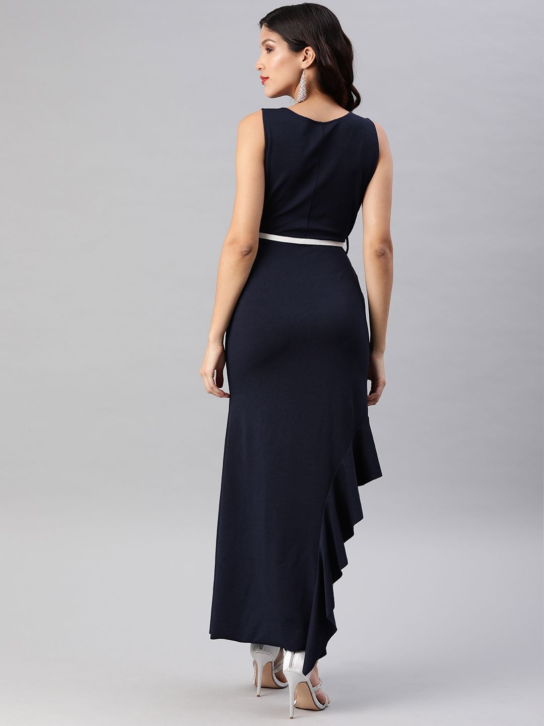 Athena Navy Blue Ruffled Sheath Maxi Dress