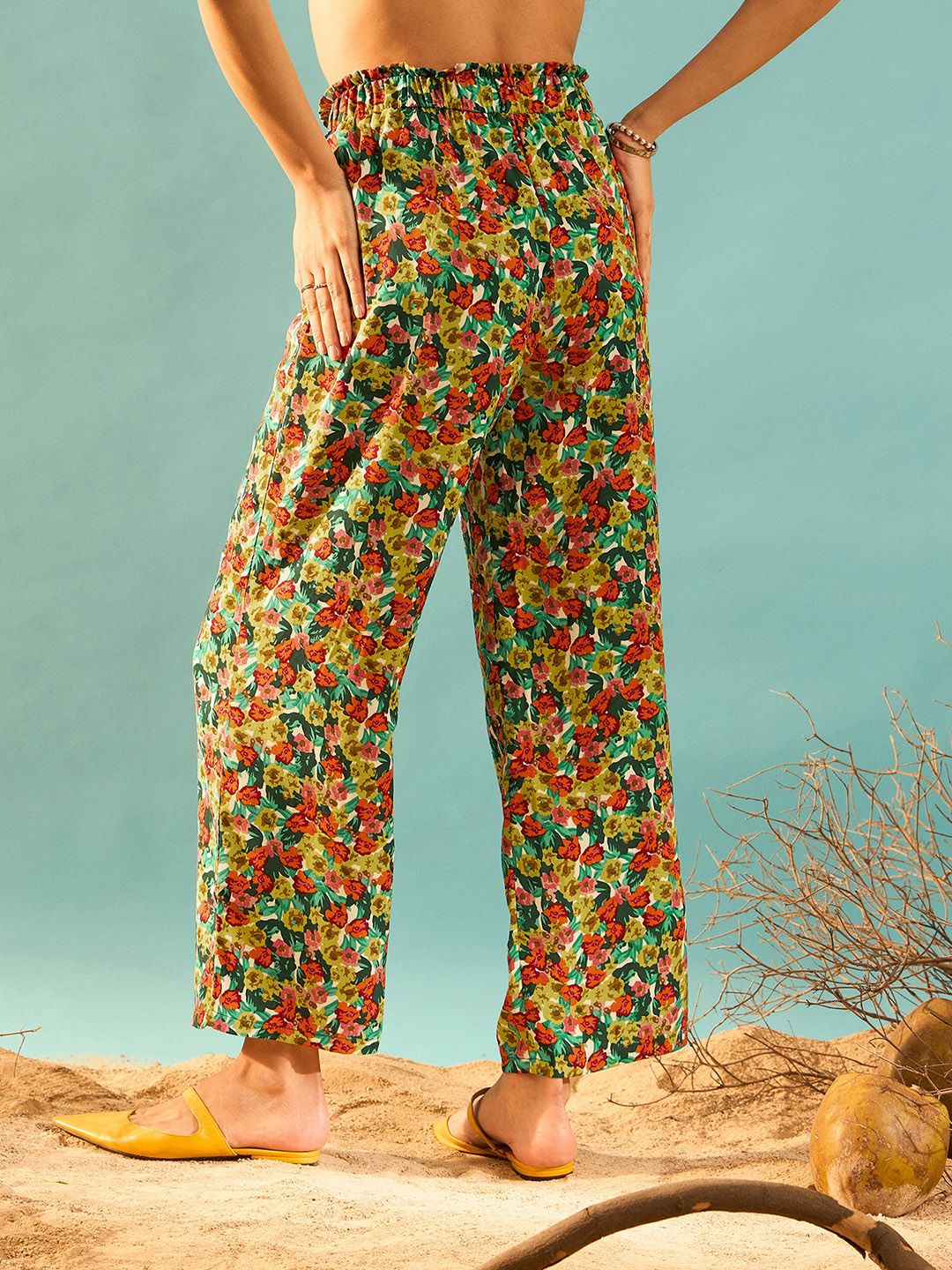 Berrylush Women Floral Printed Relaxed Straight Leg Regular Fit High-Rise Plain Trousers