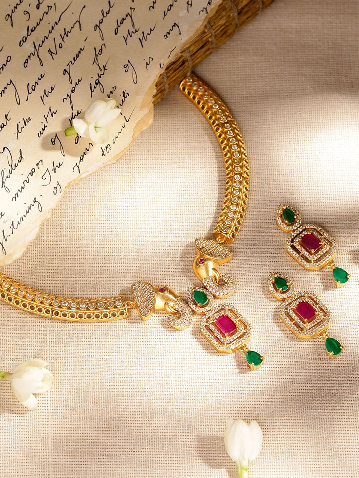 Rubans 22k Ruby & Emerald CZ Stone Stone Studded Gajah Motif Set