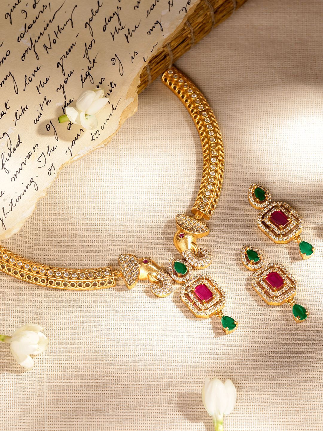 Rubans 22k Ruby & Emerald CZ Stone Stone Studded Gajah Motif Set