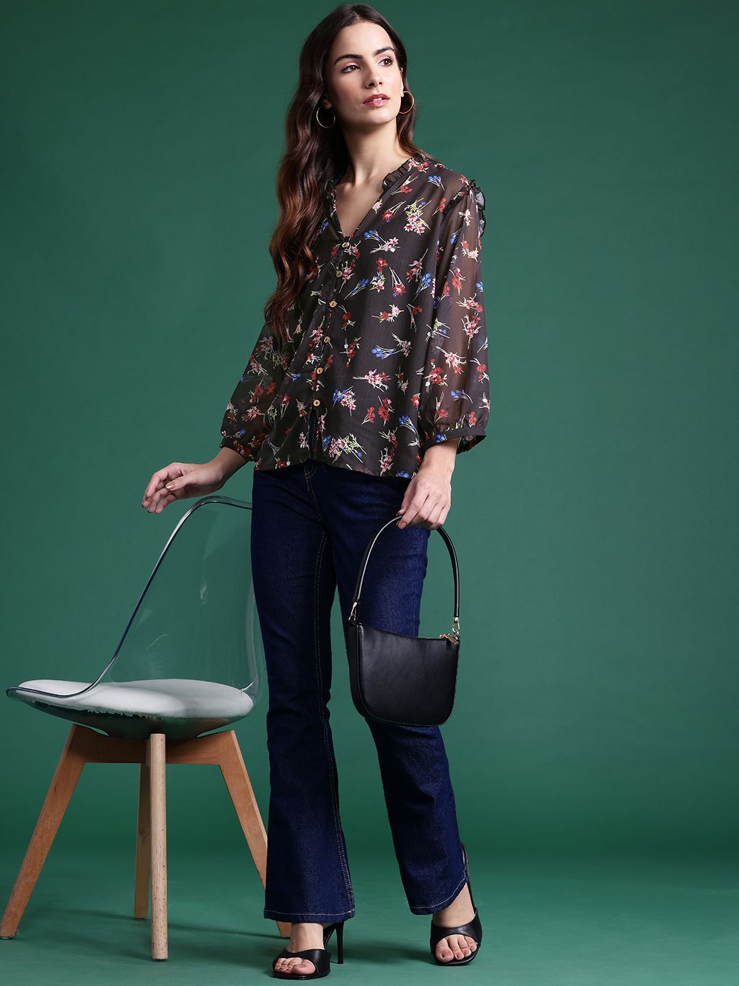 DressBerry Floral Print Ruffles Shirt Style Top