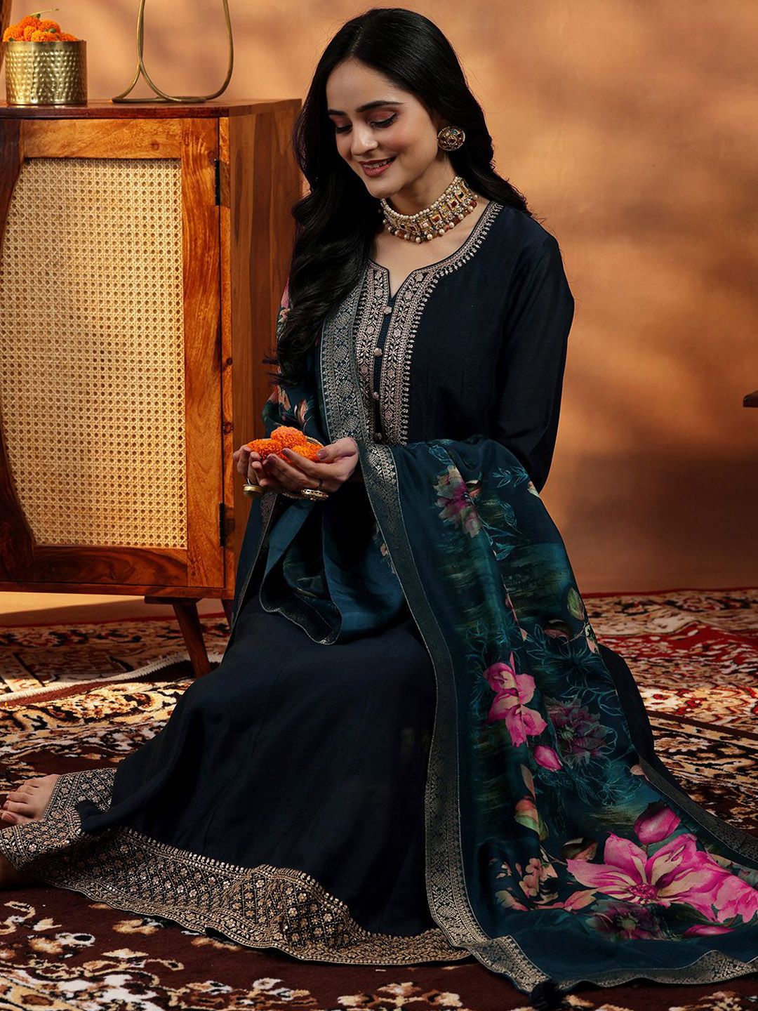 Libas Women Floral Yoke Design Panelled Kurta with Trousers & With Dupatta