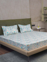 URBAN SPACE Serene White & Blue Printed Cotton 200 TC Single Bedsheet with Pillow Cover