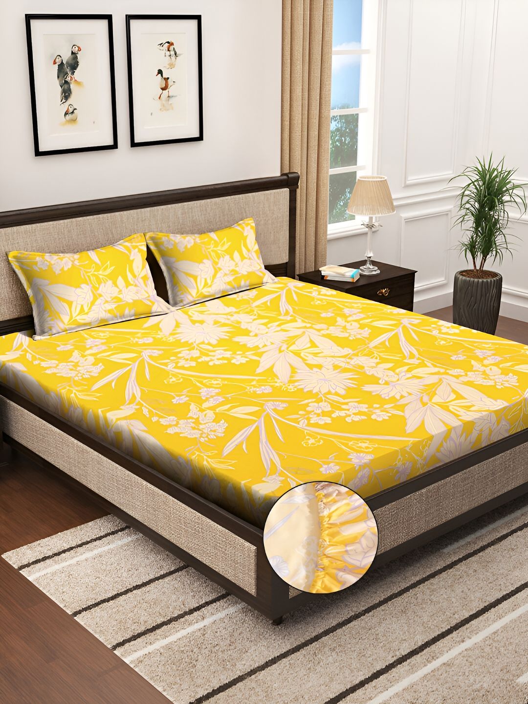 KLOTTHE Yellow Floral Printed 300TC Fitted Double King Bedsheet With 2 Pillow Covers