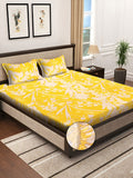 KLOTTHE Yellow Floral Printed 300TC Fitted Double King Bedsheet With 2 Pillow Covers