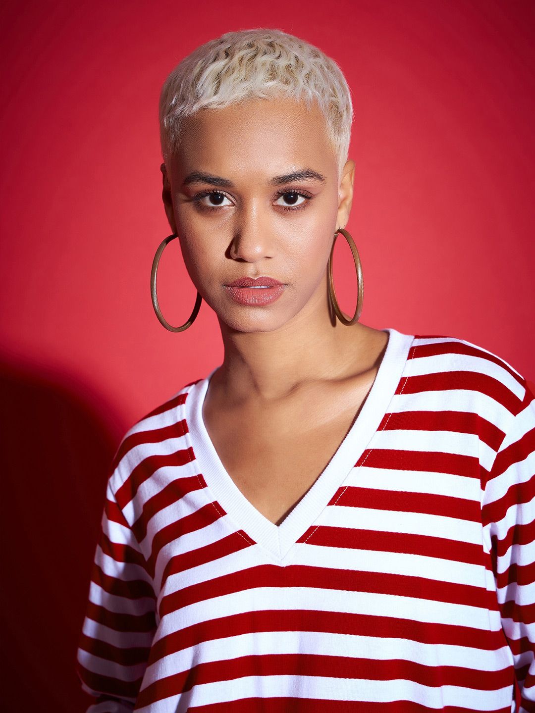 SASSAFRAS Red Striped V-Neck Long Sleeves Pure Cotton Pullover Sweatshirt