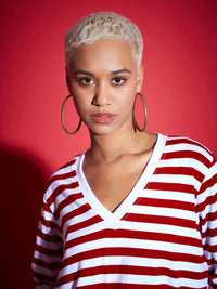 SASSAFRAS Red Striped V-Neck Long Sleeves Pure Cotton Pullover Sweatshirt