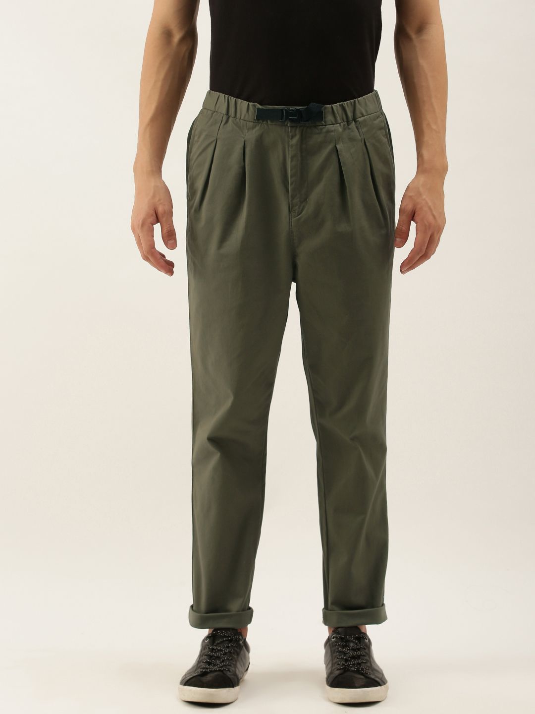 Mr Bowerbird Men Olive Green Slim Fit Solid Cropped Chinos