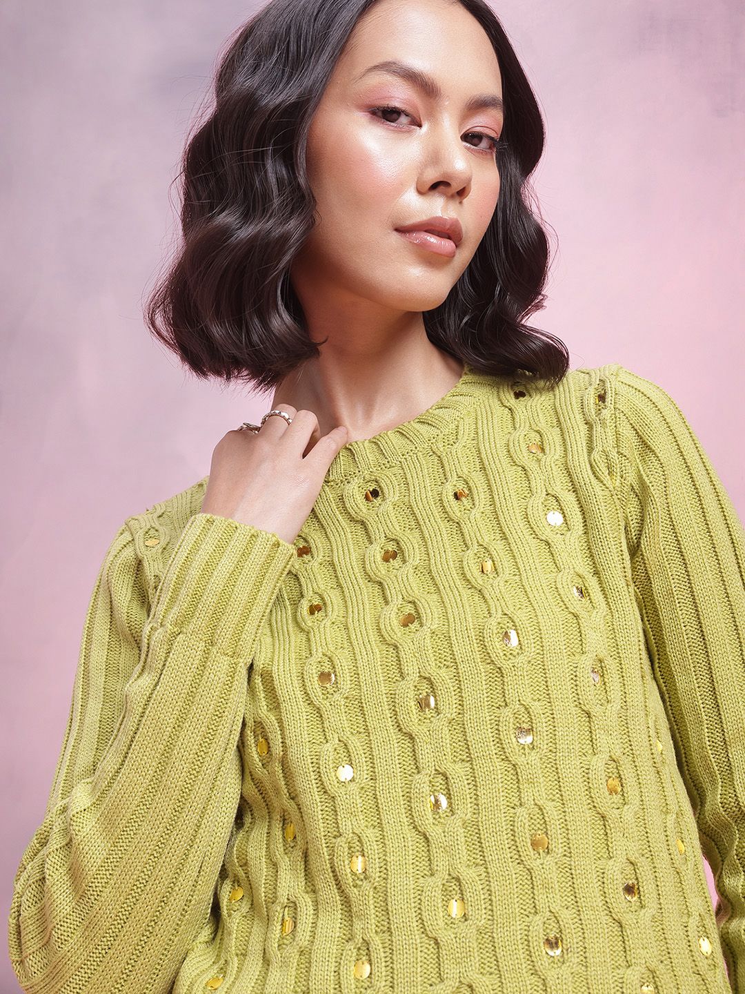 DressBerry Acrylic Cable Knit Pullover with Embellished Detail