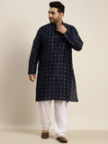 SOJANYA PLUS Men Navy Blue & Silver Jacquard Silk Woven Design Straight Kurta