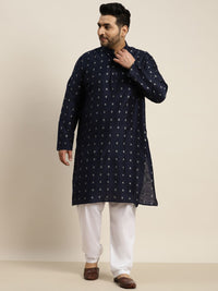 SOJANYA PLUS Lelaki Biru Laut & Perak Rekaan Tenunan Sutera Jacquard Kurta Lurus