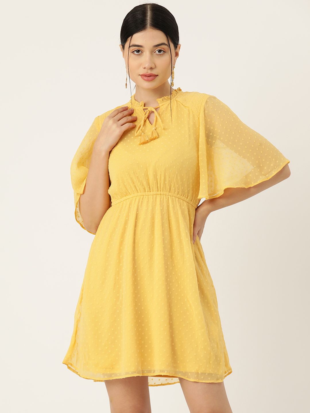 AND Yellow Self Design Tie-Up Neck Fit & Flare Dress