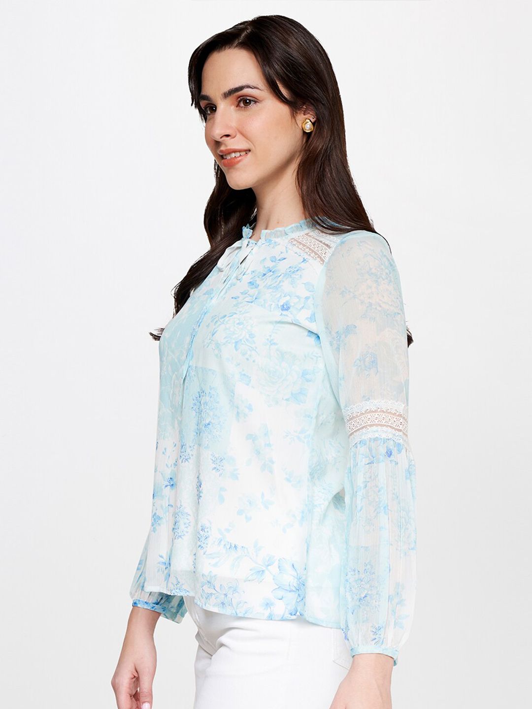 AND Floral Printed Puff Sleeves Tie-Up Neck Top