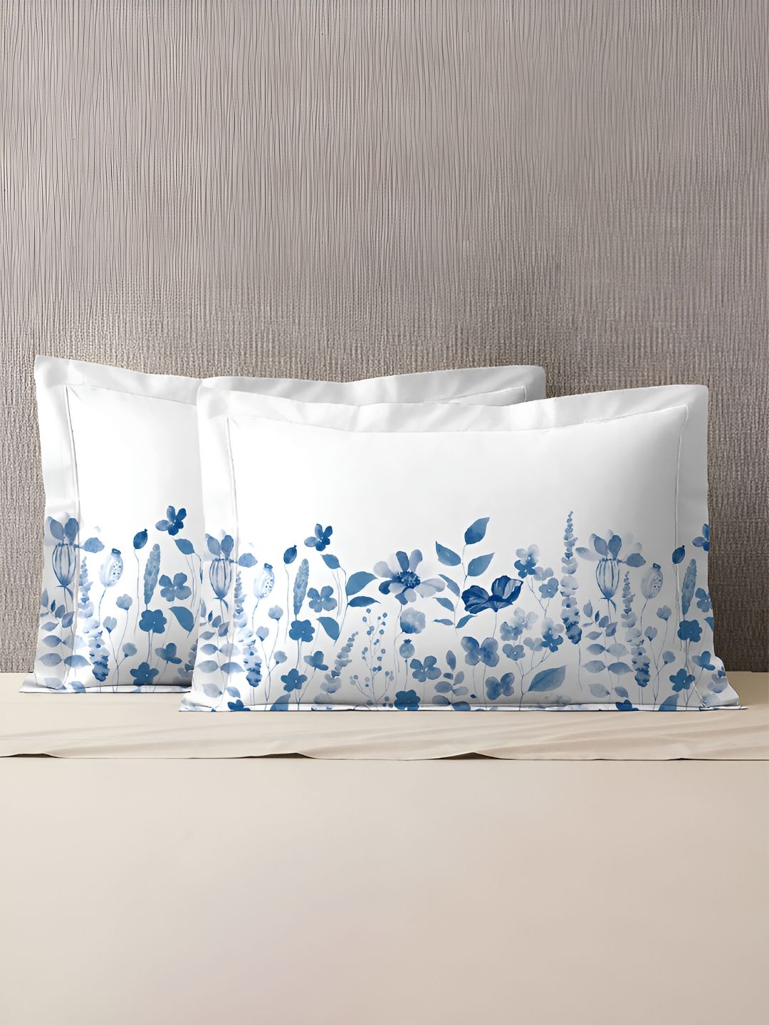 MYTRIDENT White & Blue 2 Pieces Floral Pure Cotton Rectangle Pillow Covers