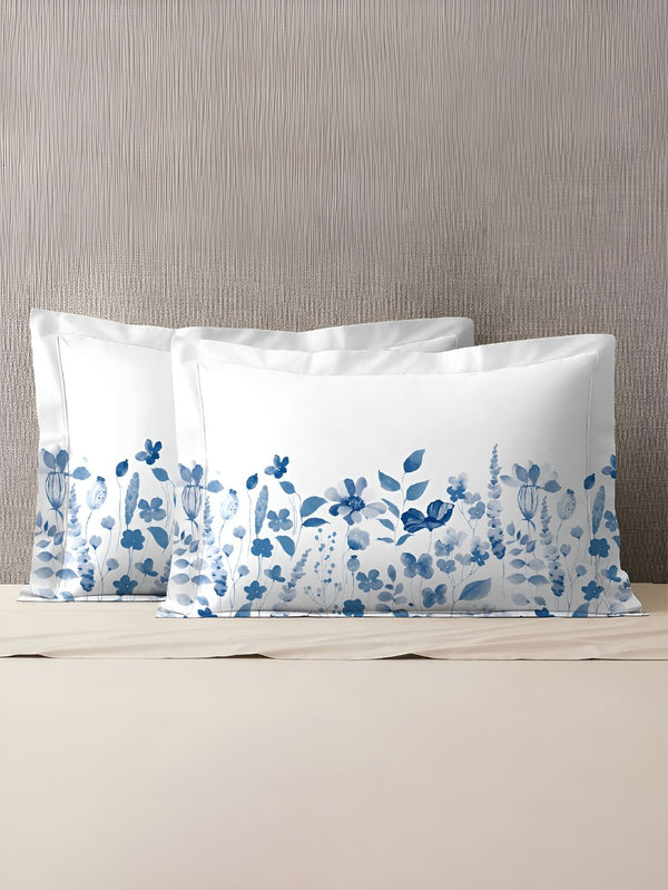 MYTRIDENT White & Blue 2 Pieces Floral Pure Cotton Rectangle Pillow Covers