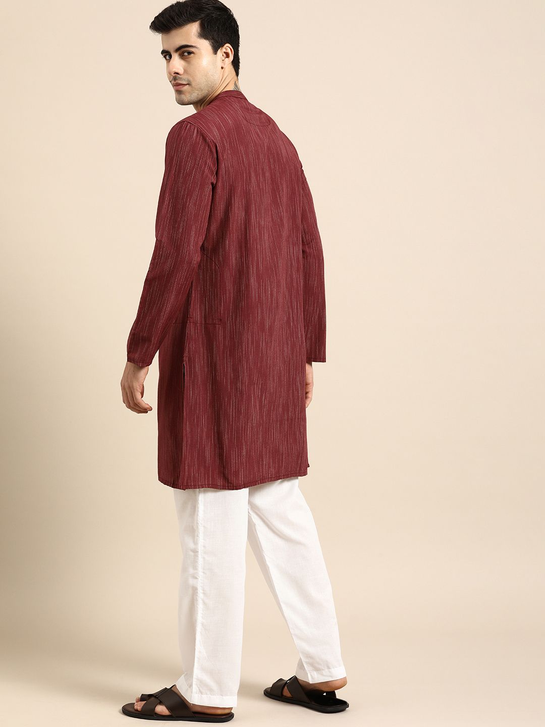 Anouk Men Maroon Striped Angrakha Pure Cotton Straight Kurta with Pyjamas