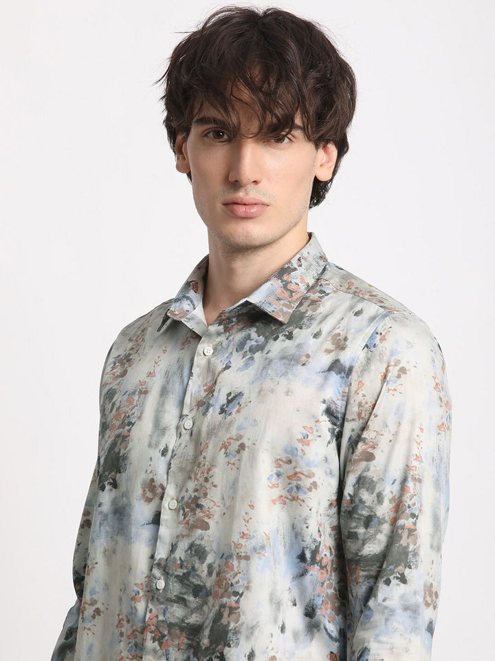 THE BEAR HOUSE Slim Fit Long Sleeves Spread Collar Cotton Opaque Printed Casual Shirt