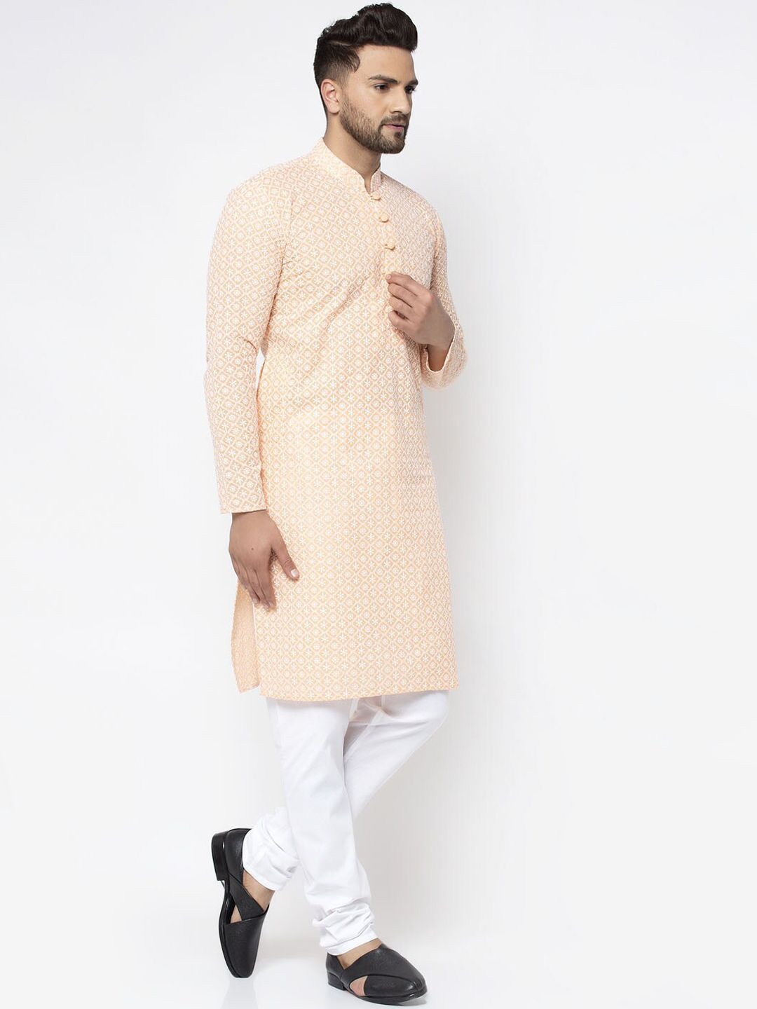 Jompers Men Orange Woven Design Straight Kurta