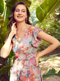 STREET 9 Floral Printed Georgette Flutter Sleeves Maxi Dress
