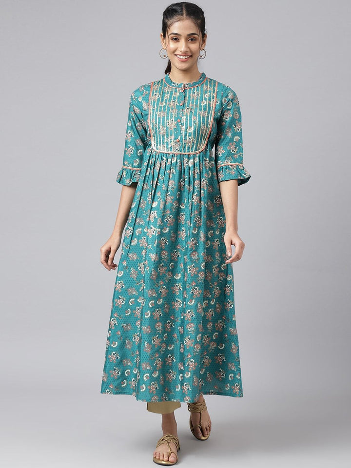 AURELIA Women Green Ethnic Motifs Printed Keyhole Neck Kurta