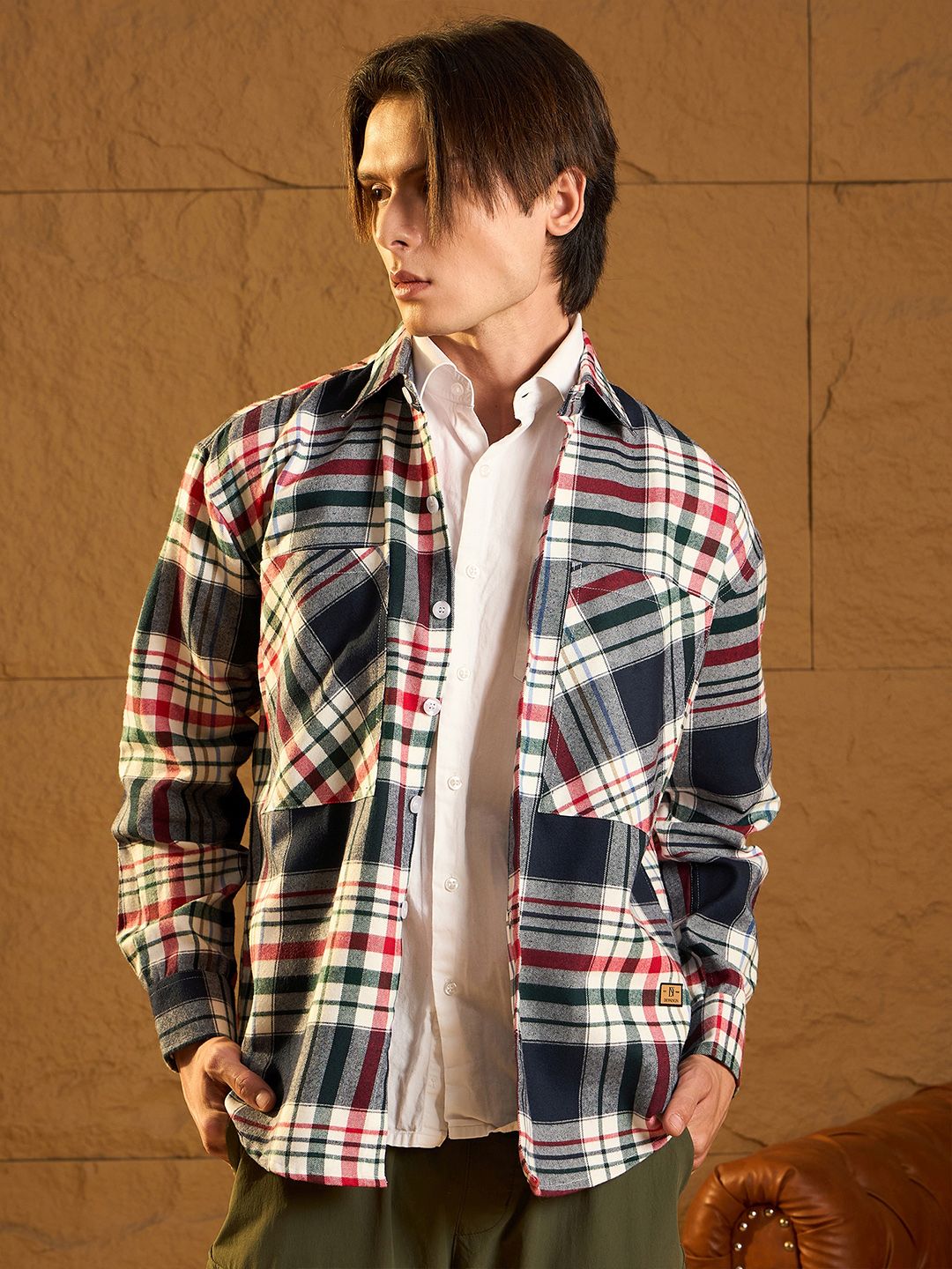 DENNISON Men Double Pocket Drop Shoulder Oversized Cotton Checked Shacket
