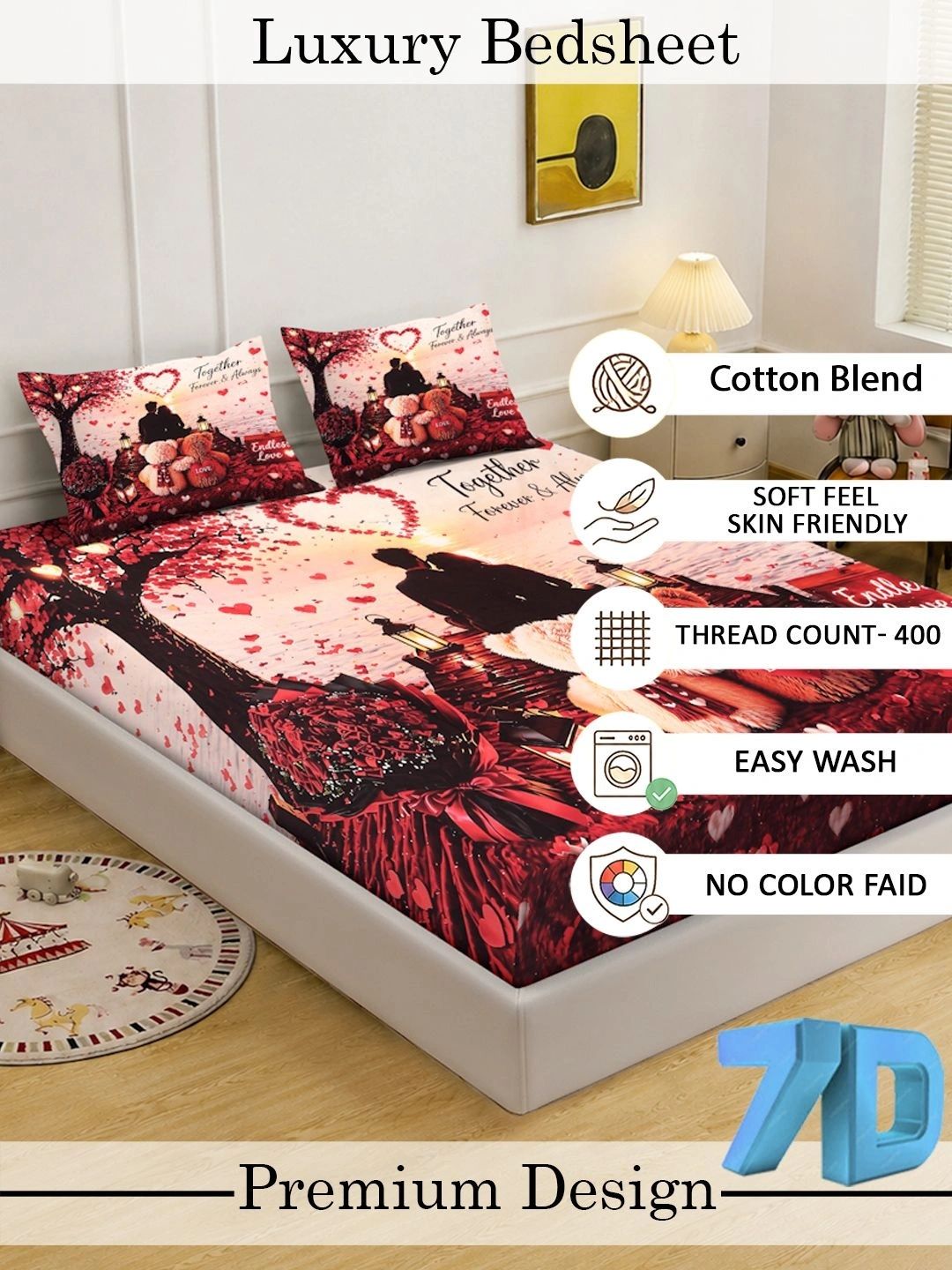 Moda Rapido X KLOTTHE Red & Pink Conversational 400 TC King Bedsheet with 2 Pillow Covers