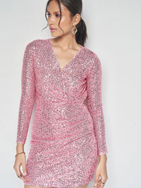 AND V-Neck Sequin Embellished Mini Wrap Dress