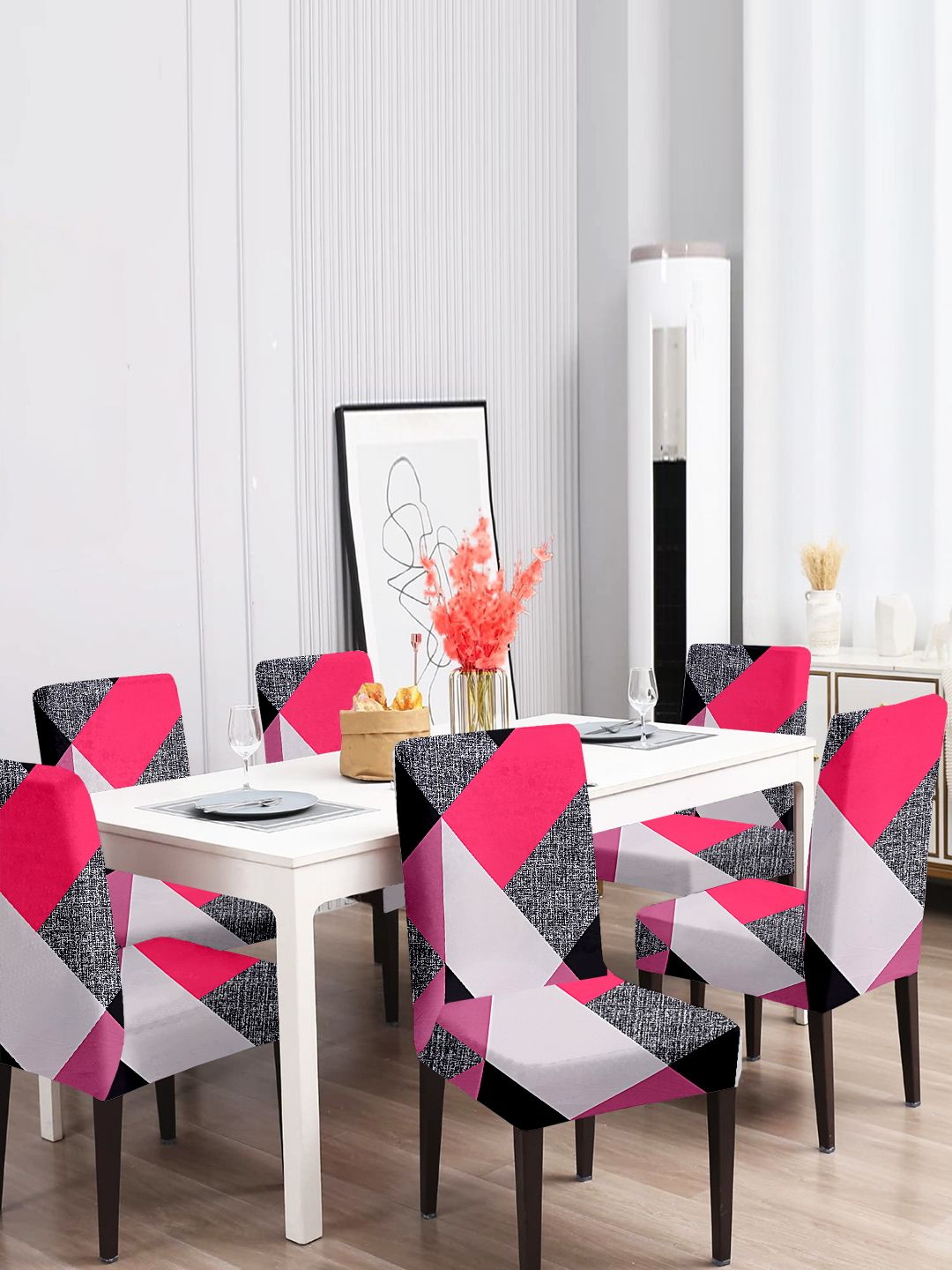 Cortina Pink & White 6 Pieces Geometric Printed Super Stretchable Dining Chair Covers