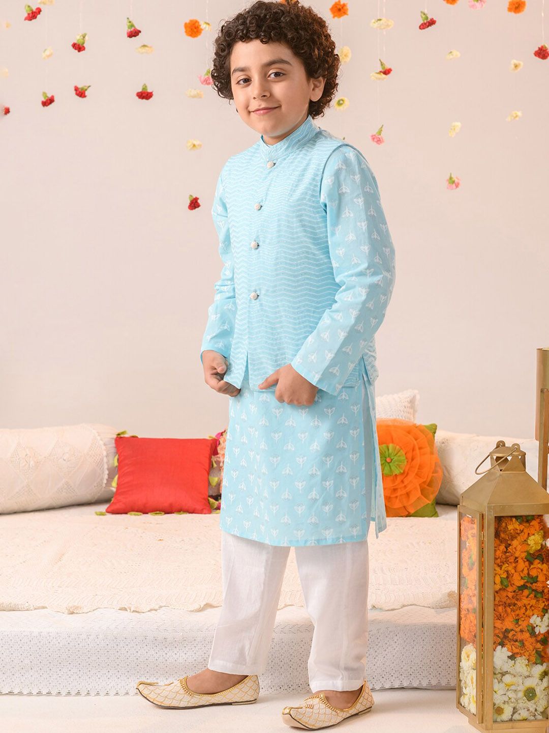 pspeaches Boys Printed Pure Cotton Kurta with Pyjamas
