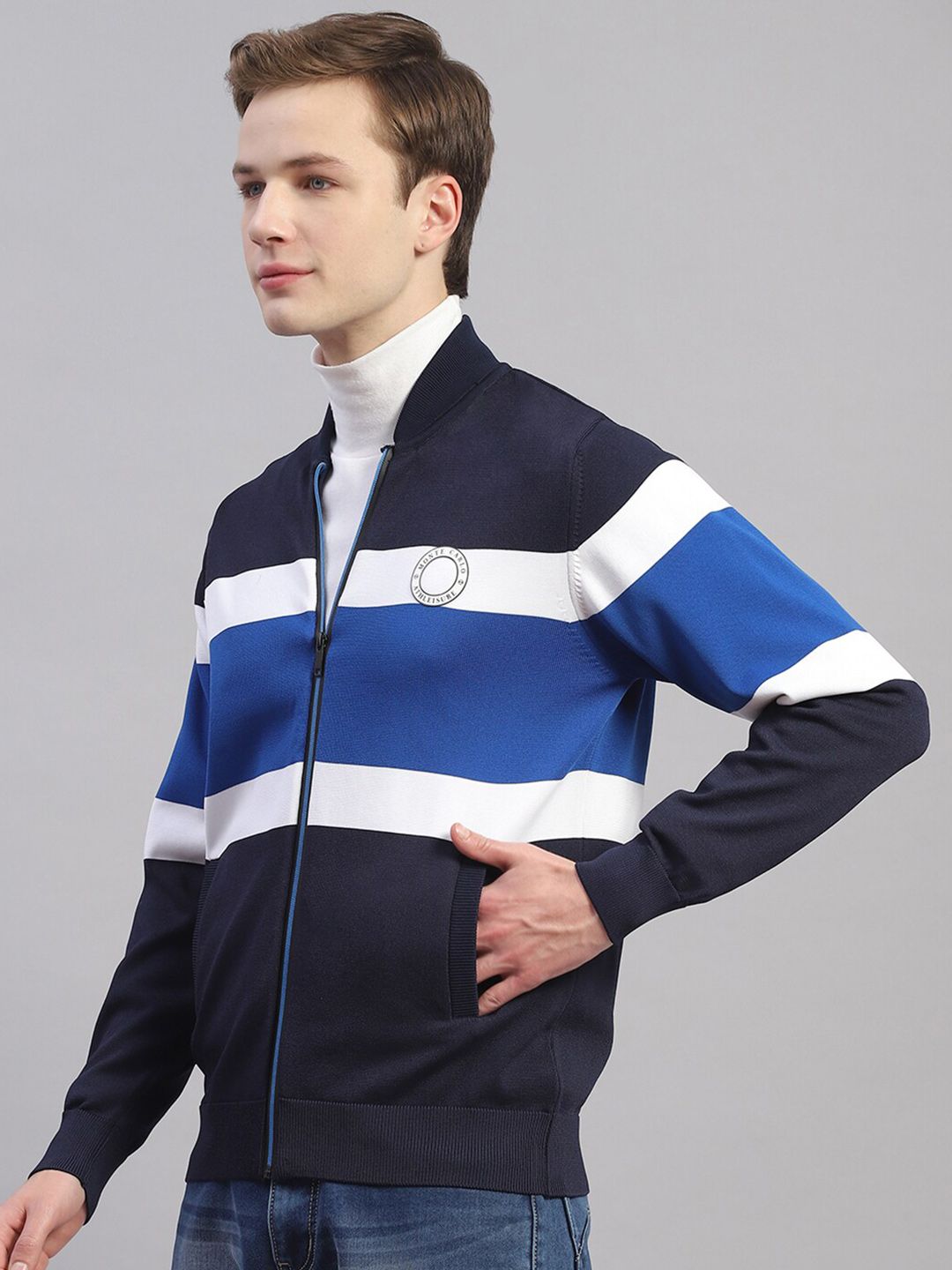 Monte Carlo Striped Stand Collar Cardigan Sweater
