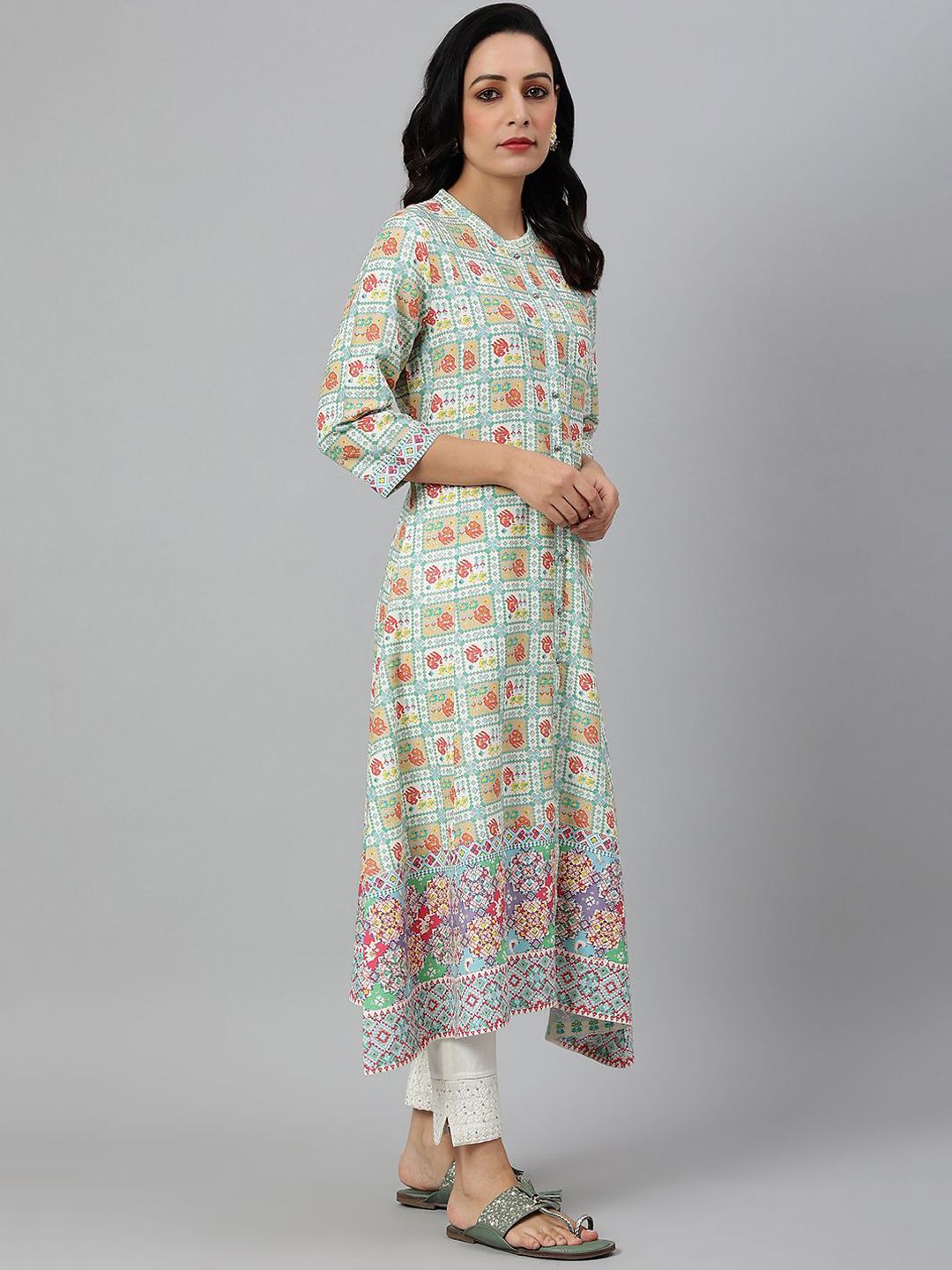 W Mandarin Collar Floral Printed A-Line Kurta