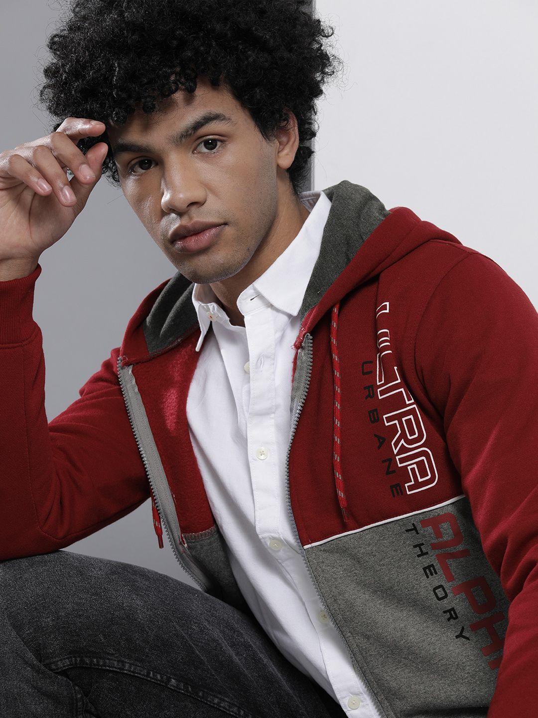 The Indian Garage Co Men Red & Grey Colourblocked Hooded Sweatshirt