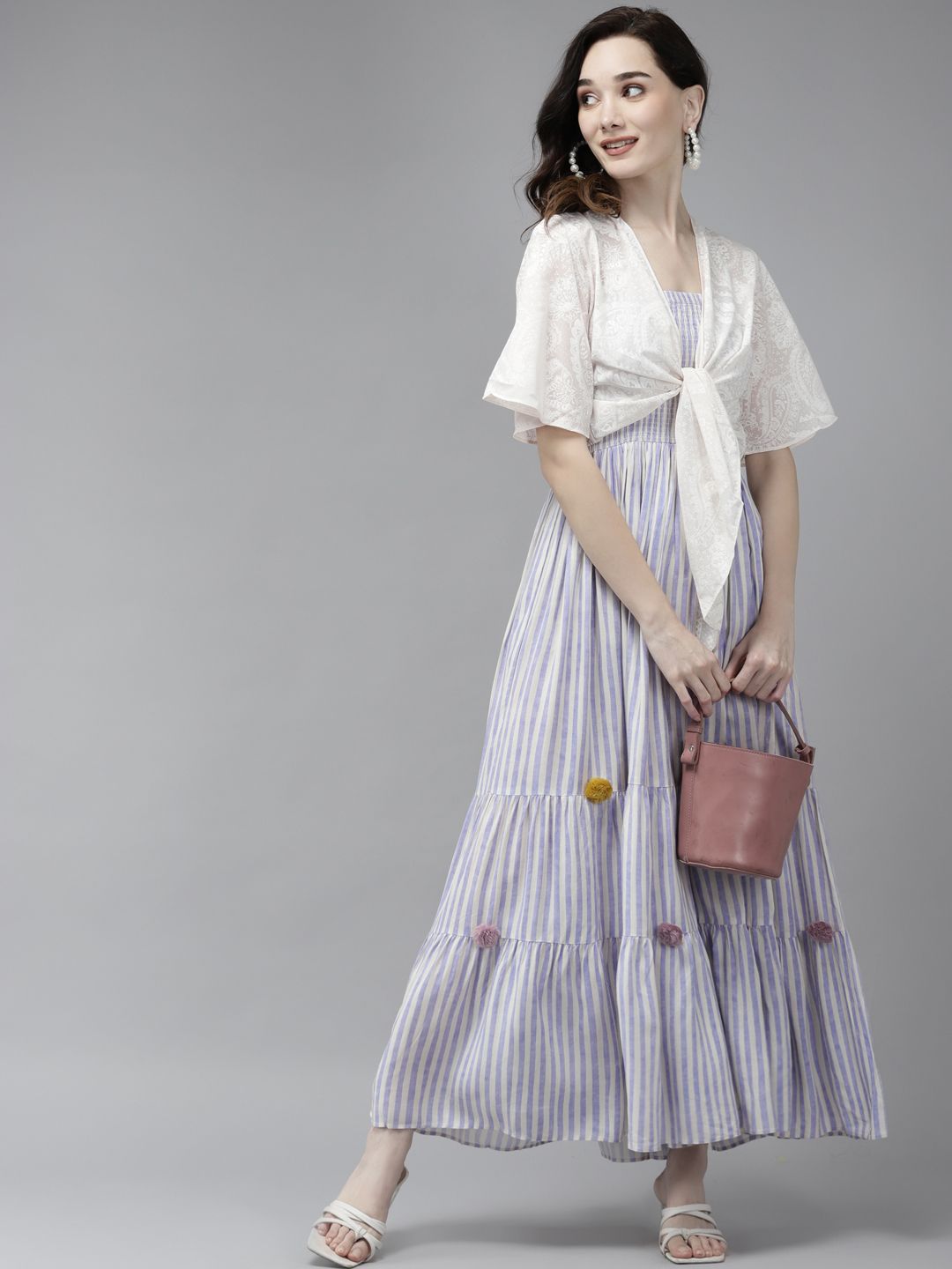 W Blue & Off White Striped Ethnic Maxi Dress with Jacket