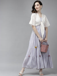 W Blue & Off White Striped Ethnic Maxi Dress with Jacket