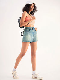 SASSAFRAS BASICS Women vWashed Mid-Rise Pure Cotton Denim Shorts