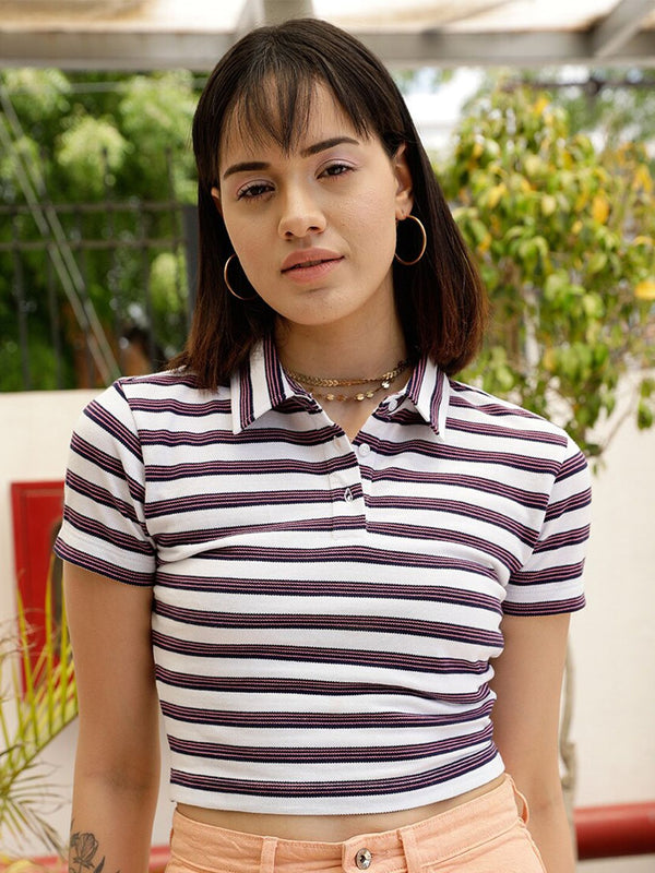 STREET 9 White & Navy Blue Striped Polo Collar Crop Pure Cotton T-shirt