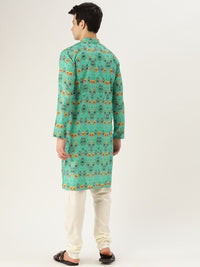 SOJANYA Men Green & Mustard Yellow Ethnic Motif Print Straight Kurta