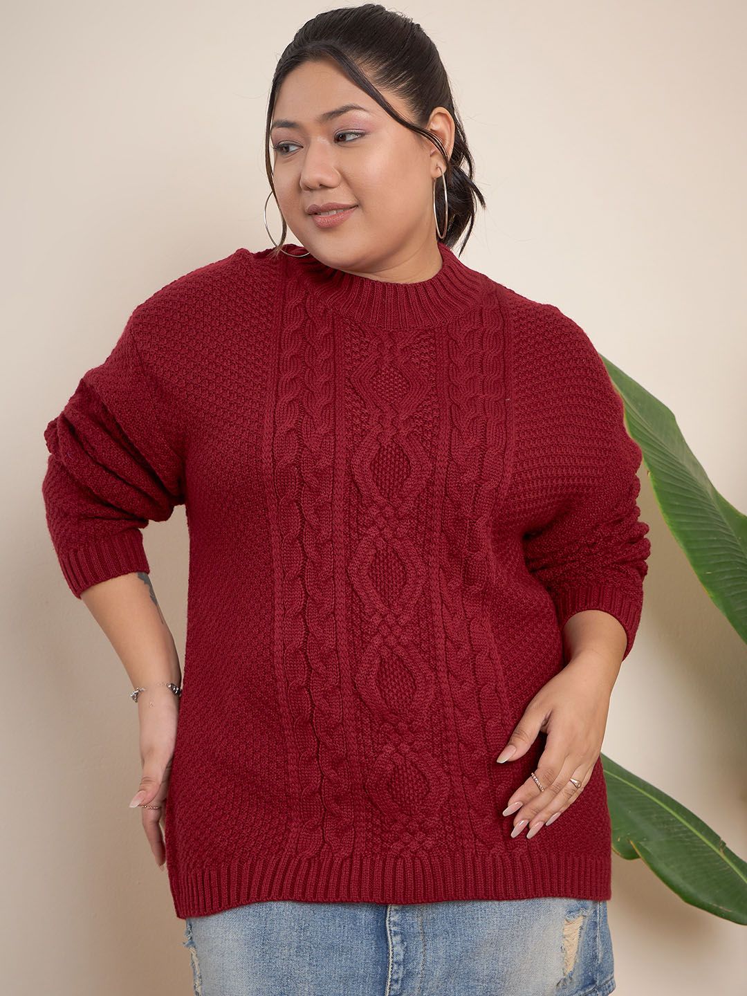 CURVY STREET Plus Size Ribbed Turtle Neck Pure Acrylic Pullover